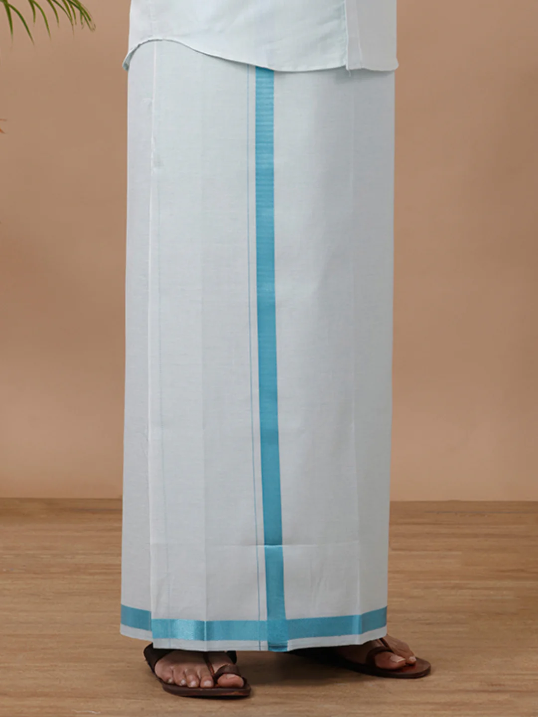 Men Tissue Single Layer Cyan Blue Dhoti with Jari Border - Image 2