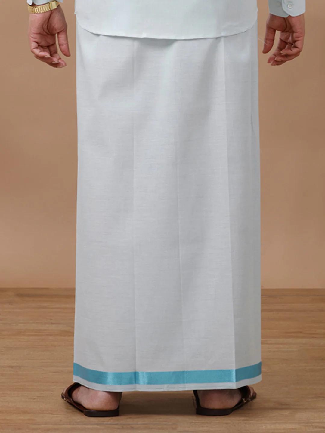 Men Tissue Single Layer Cyan Blue Dhoti with Jari Border - Image 3