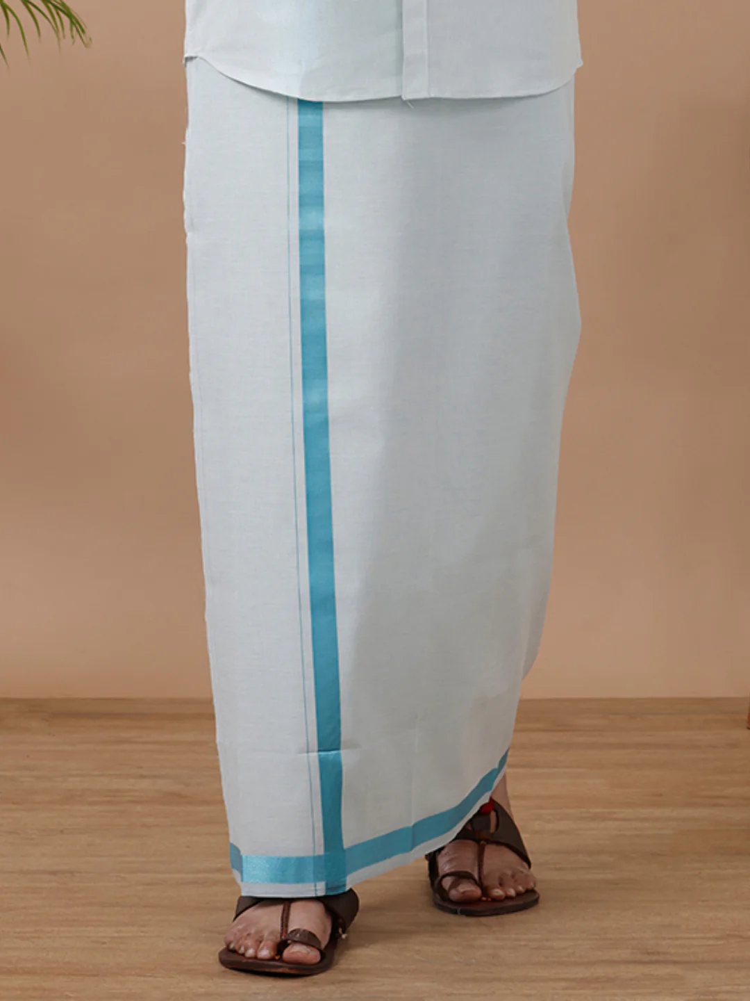 Men Tissue Single Layer Cyan Blue Dhoti with Jari Border - Image 4