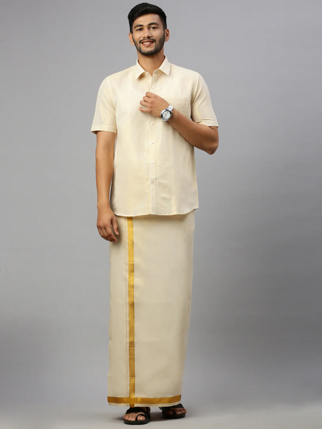 Men Tissue Single Layer Gold Dhoti with Jari Border - Image 2
