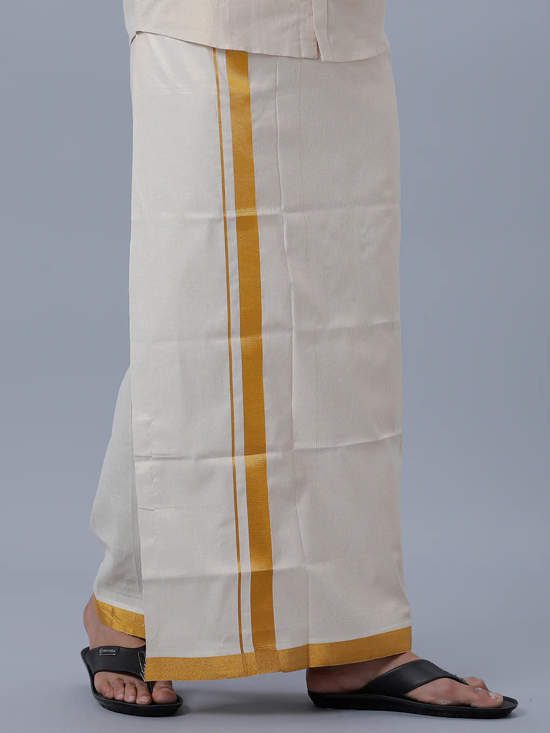 Men Tissue Single Layer Gold Dhoti with Jari Border Primacy - Image 2