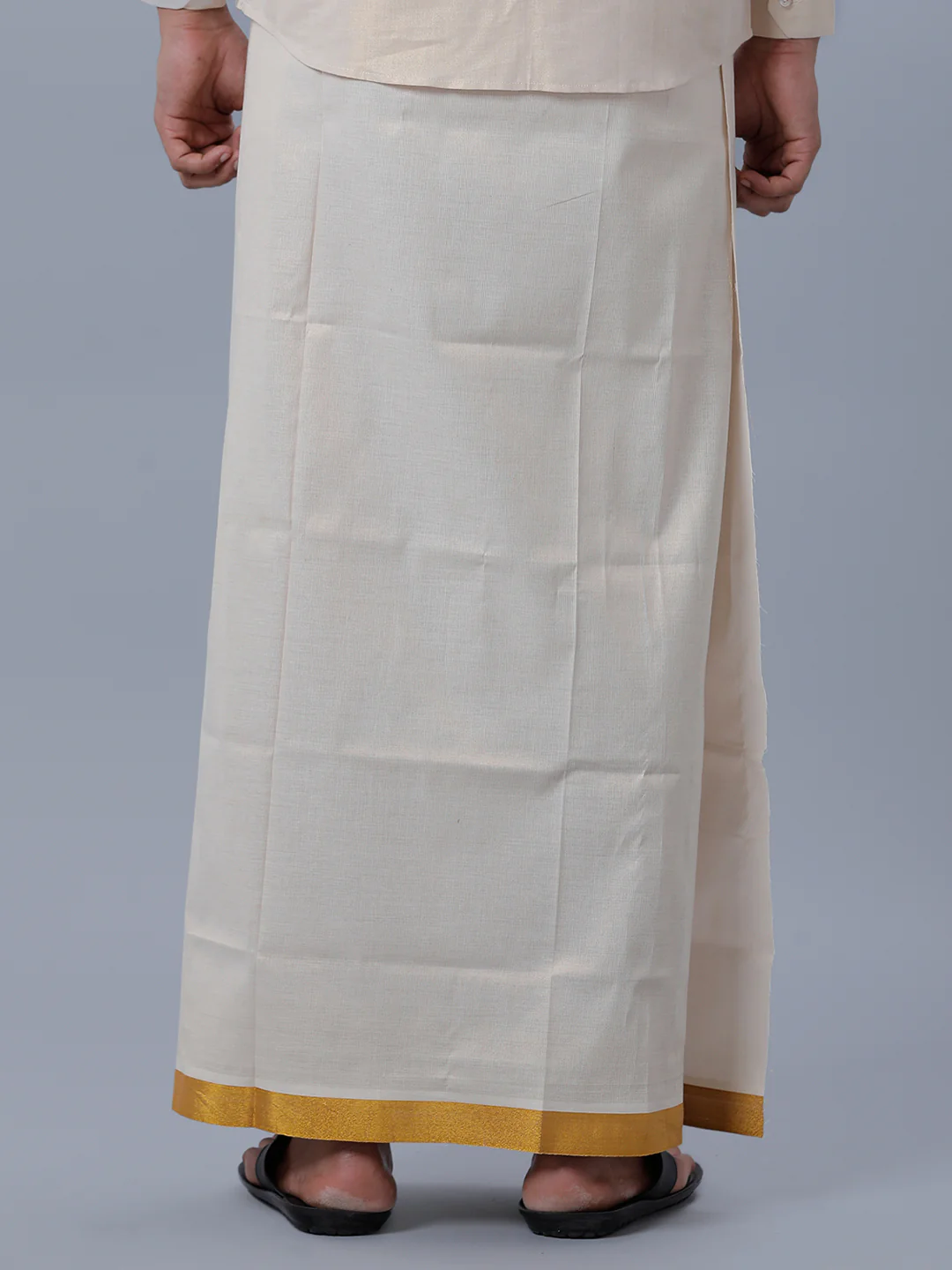 Men Tissue Single Layer Gold Dhoti with Jari Border Primacy - Image 4