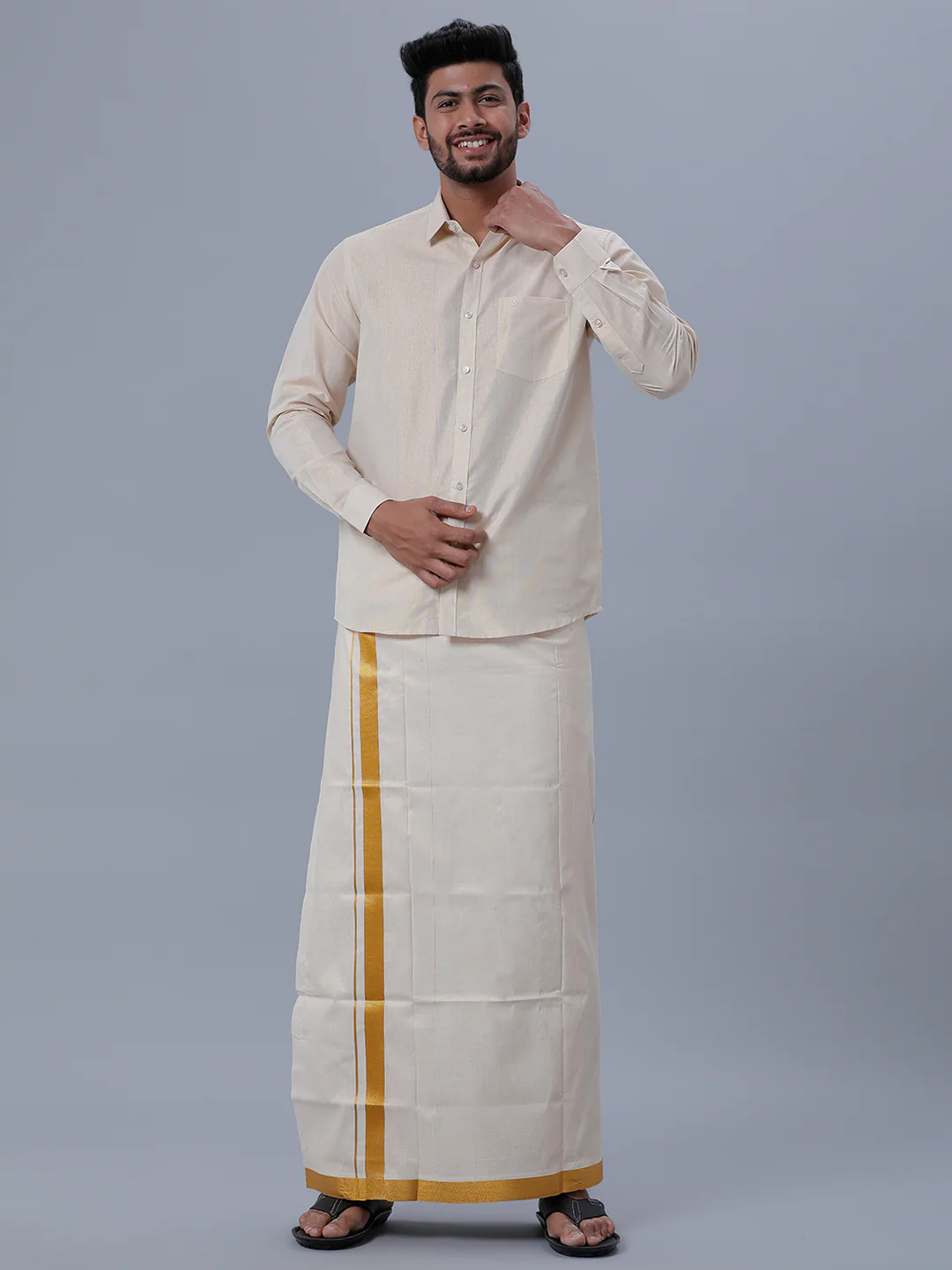 Men Tissue Single Layer Gold Dhoti with Jari Border Primacy - Image 5