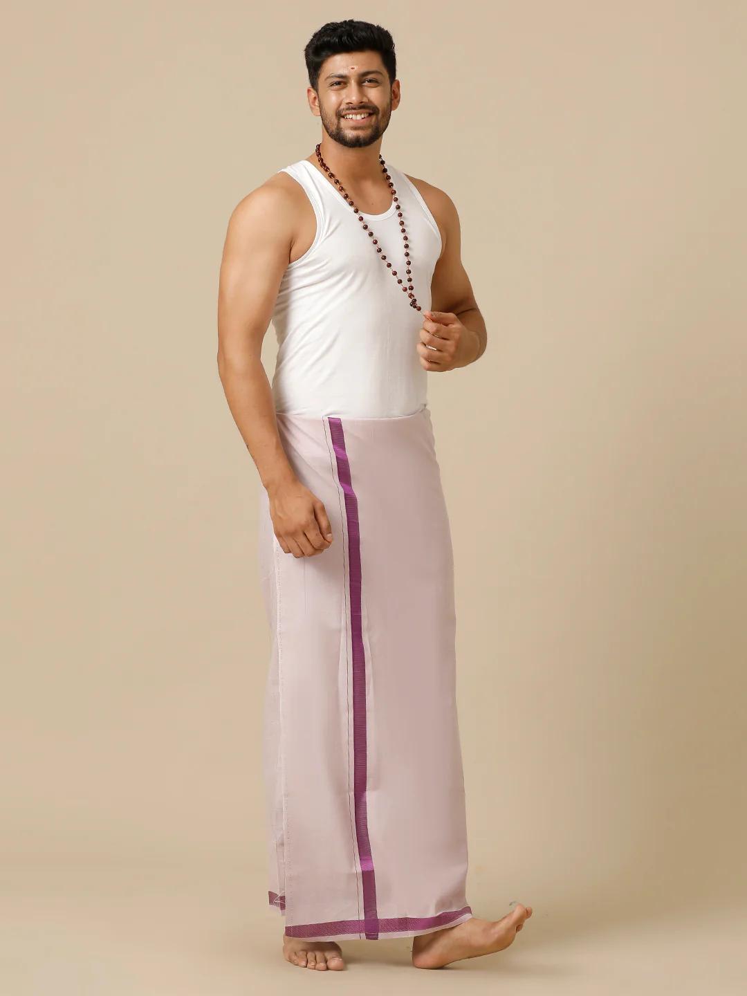 Men Tissue Single Layer Purple Dhoti with Big Border Extreme - Image 2