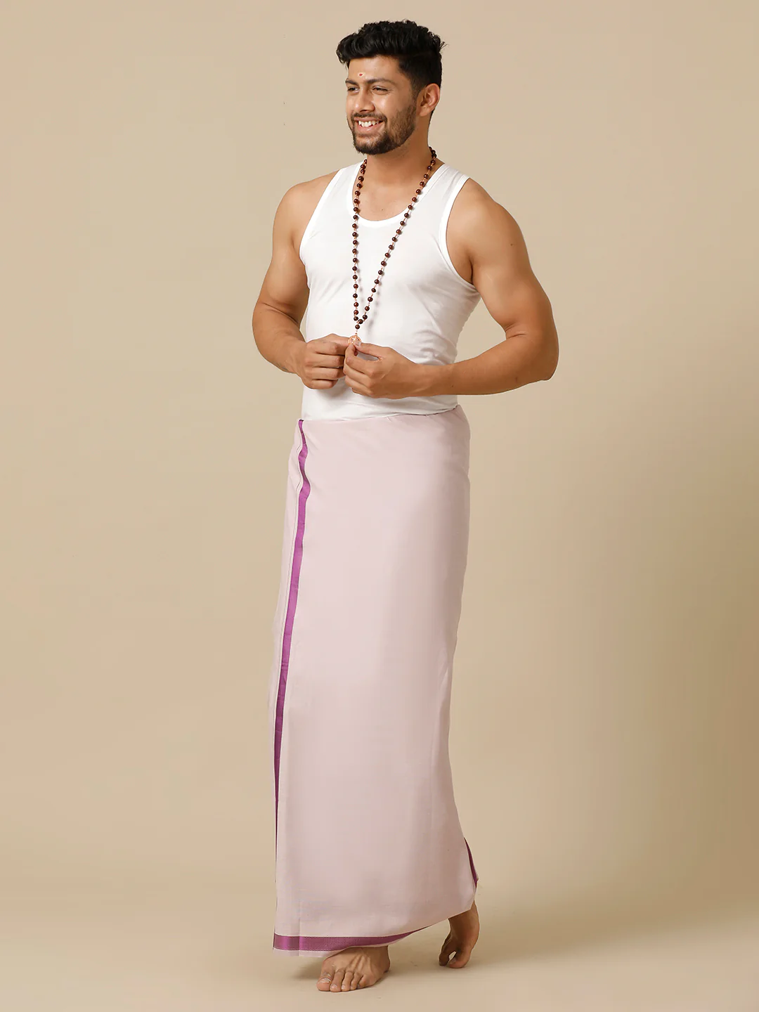 Men Tissue Single Layer Purple Dhoti with Big Border Extreme - Image 3