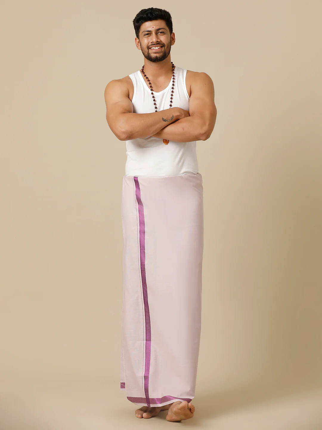 Men Tissue Single Layer Purple Dhoti with Big Border Extreme - Image 5
