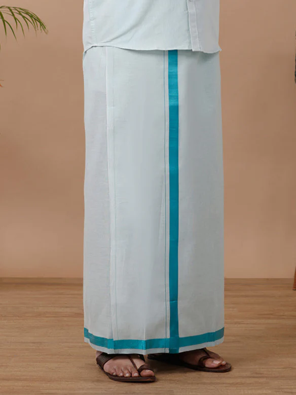 Men Tissue Single Layer Ramar Green Dhoti with Jari Border - Image 2