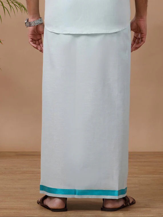 Men Tissue Single Layer Ramar Green Dhoti with Jari Border - Image 3