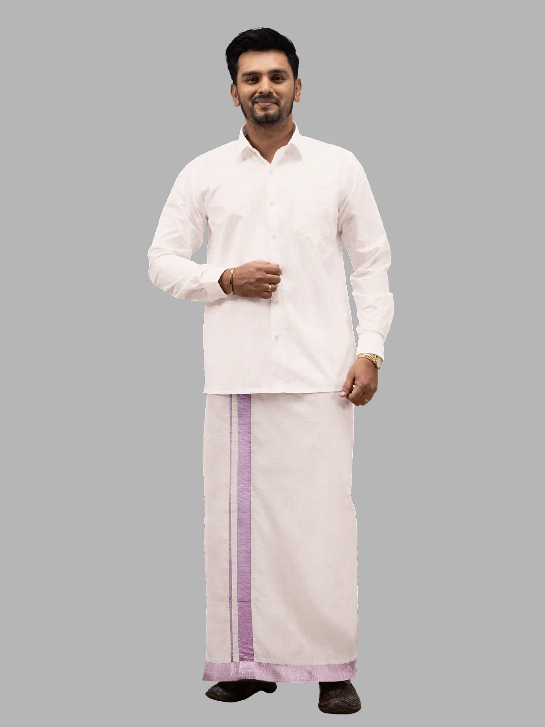 Men Tissue Single Layer Rose Gold Dhoti with Jari Border Primacy - Image 2