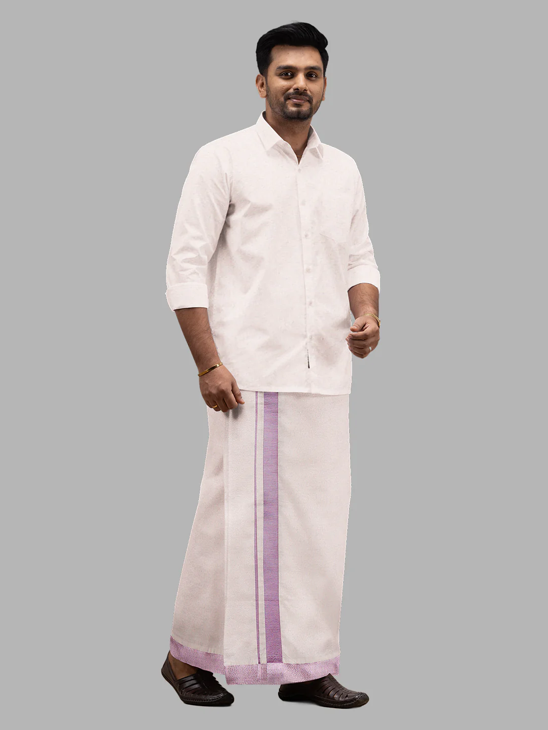 Men Tissue Single Layer Rose Gold Dhoti with Jari Border Primacy - Image 4