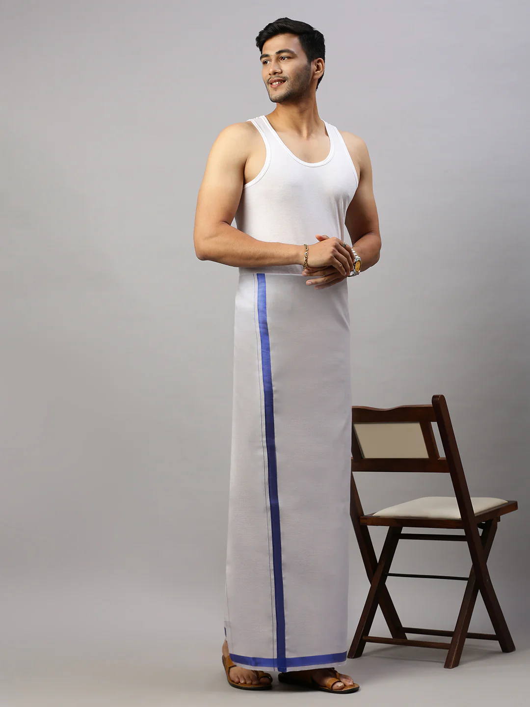 Men Tissue Single Layer Royal Blue Dhoti with Big Border Extreme - Image 3