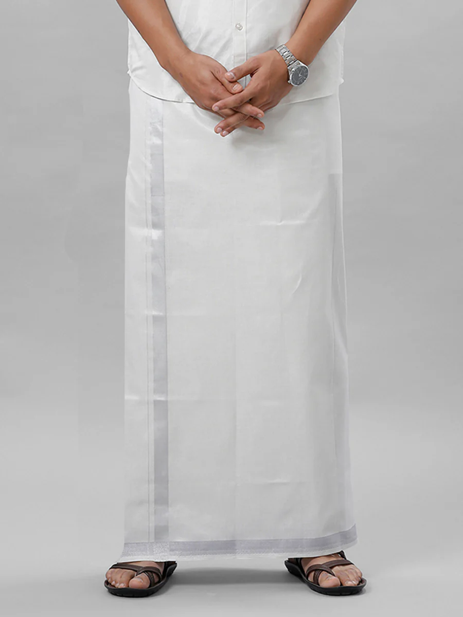 Men Tissue Single Layer Silver Dhoti with Jari Border