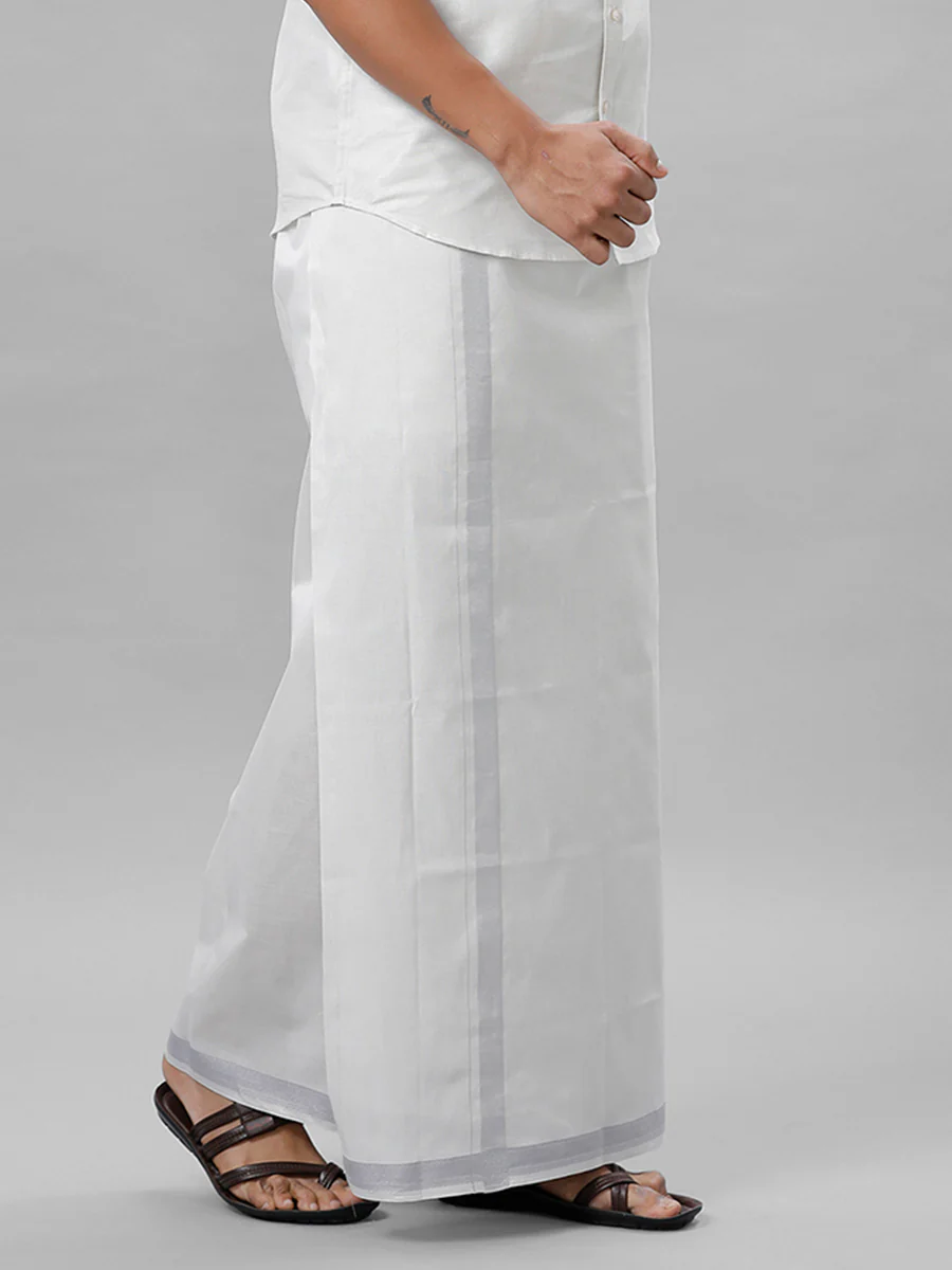 Men Tissue Single Layer Silver Dhoti with Jari Border - Image 2