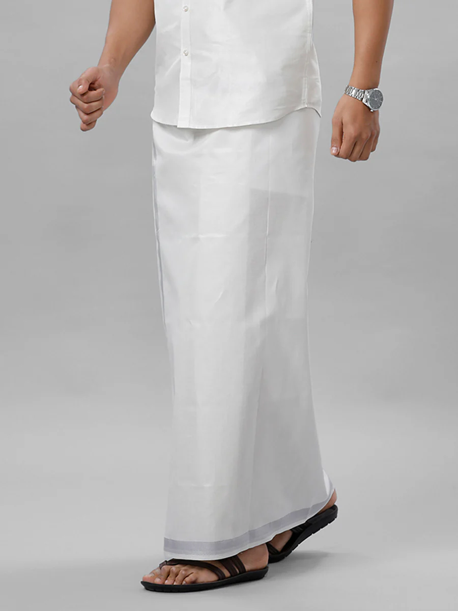 Men Tissue Single Layer Silver Dhoti with Jari Border - Image 3