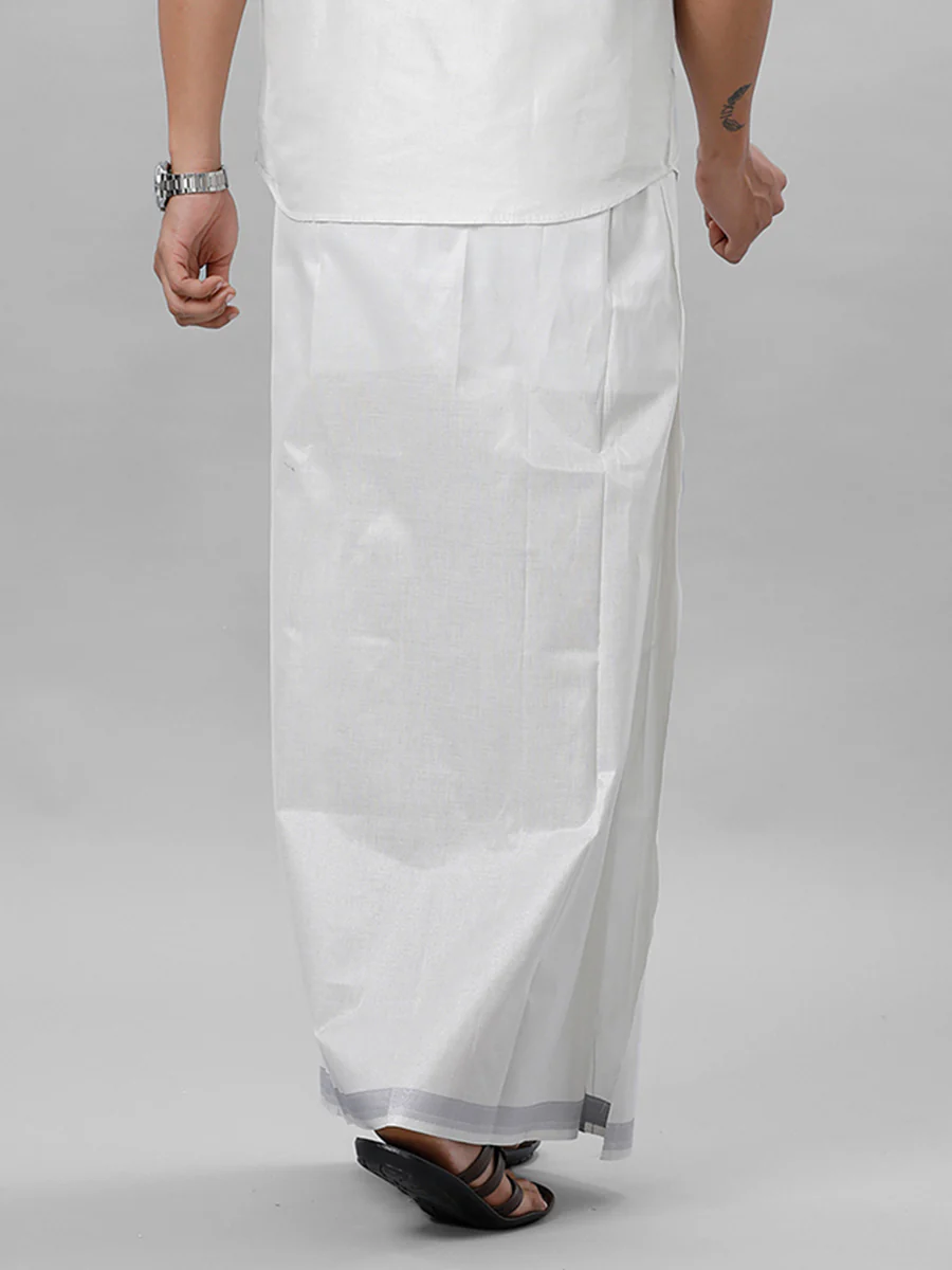 Men Tissue Single Layer Silver Dhoti with Jari Border - Image 4