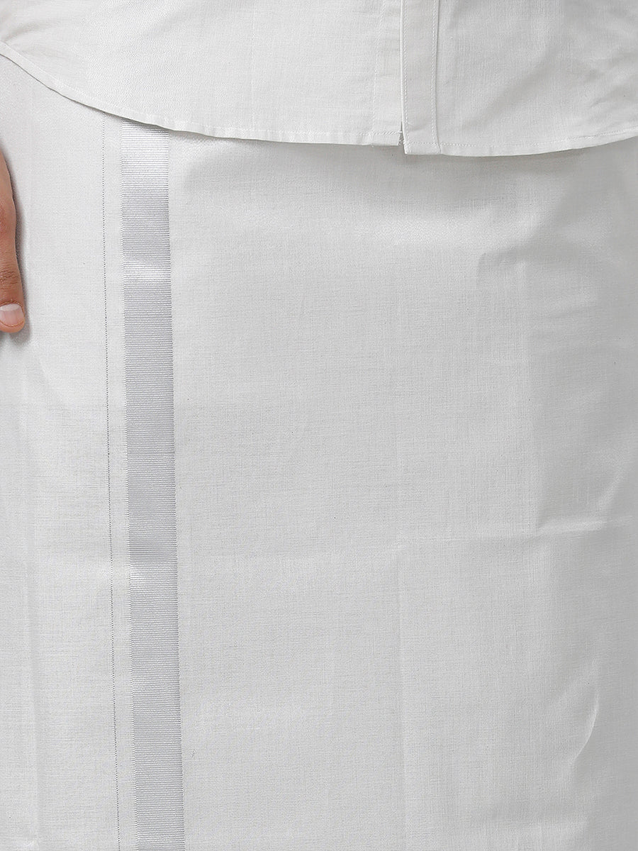Men Tissue Single Layer Silver Dhoti with Jari Border - Image 6