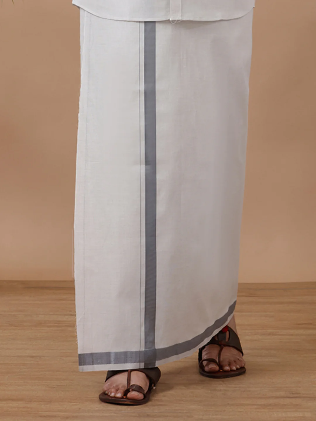 Men Tissue Single Layer Steel Grey Dhoti with Jari Border