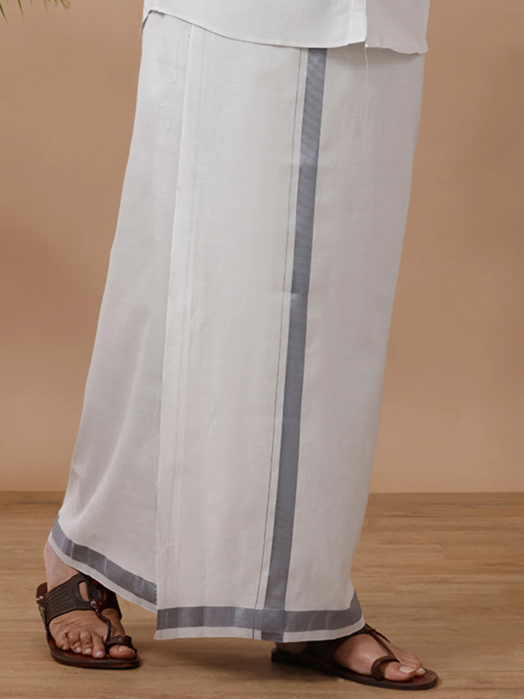 Men Tissue Single Layer Steel Grey Dhoti with Jari Border - Image 2
