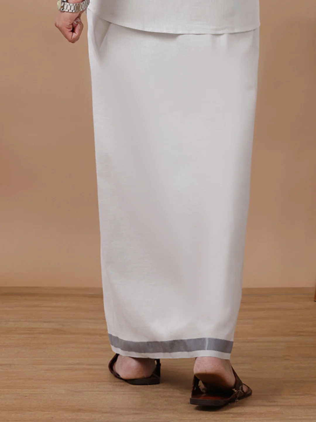 Men Tissue Single Layer Steel Grey Dhoti with Jari Border - Image 3