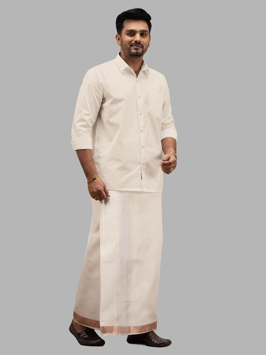 Men Tissue Unstitched Shirting & Dhoti Celebrity Set Copper UFA01 - Image 3