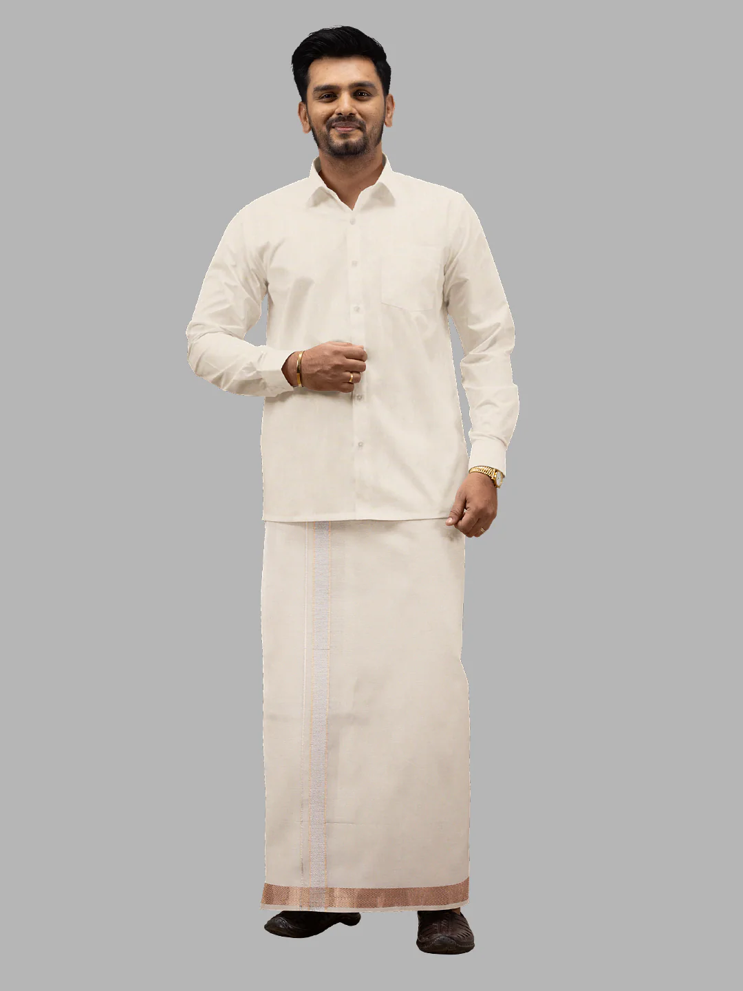 Men Tissue Unstitched Shirting & Dhoti Celebrity Set Copper UFA01 - Image 6