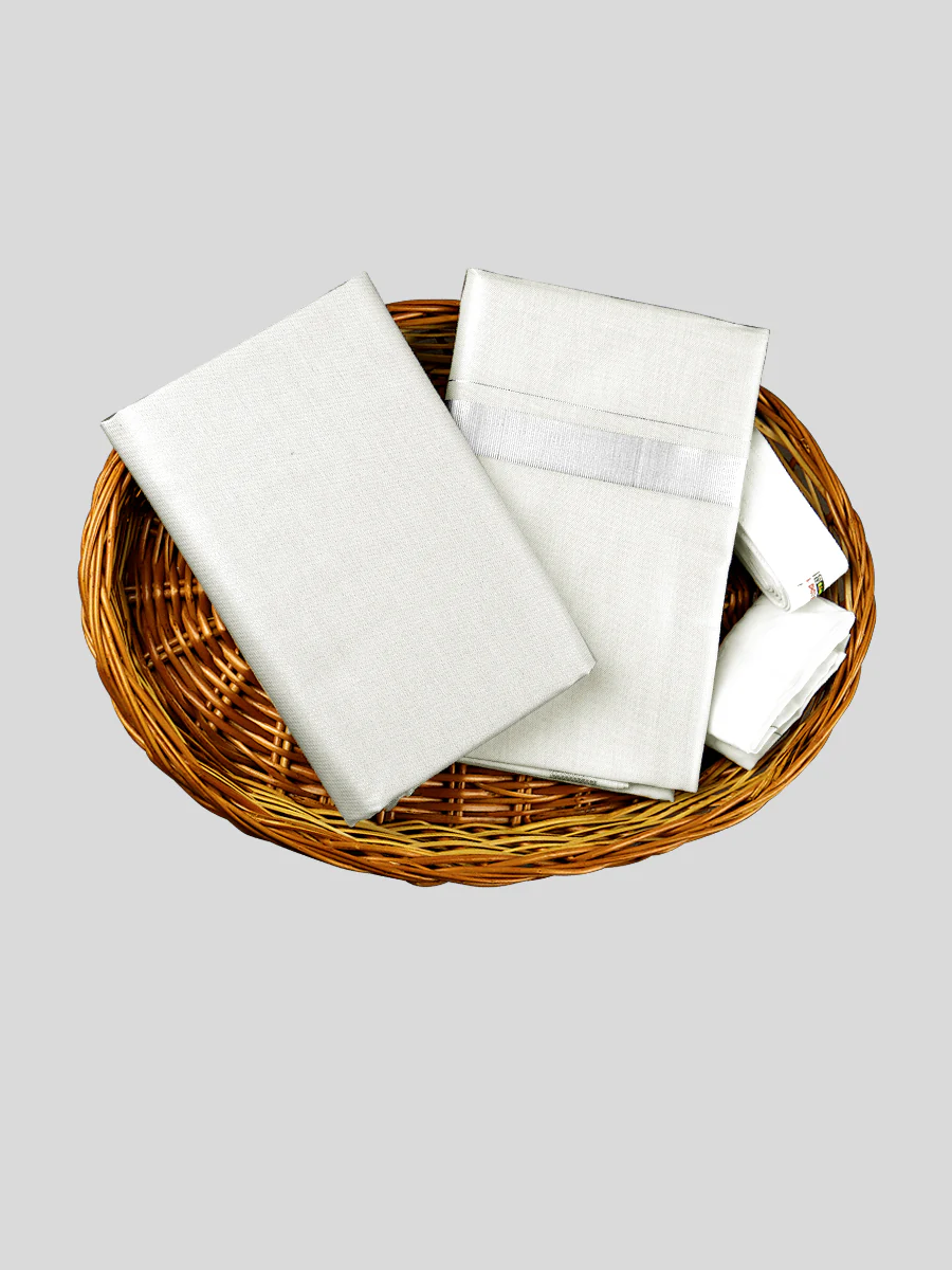 Men Tissue Unstitched Shirting & Dhoti Celebrity Set Silver