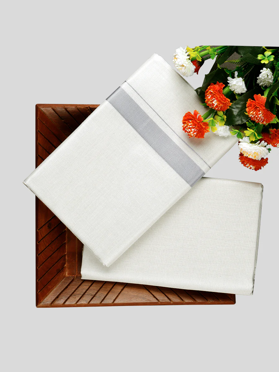 Men Tissue Unstitched Shirting & Dhoti Celebrity Set Silver - Image 3