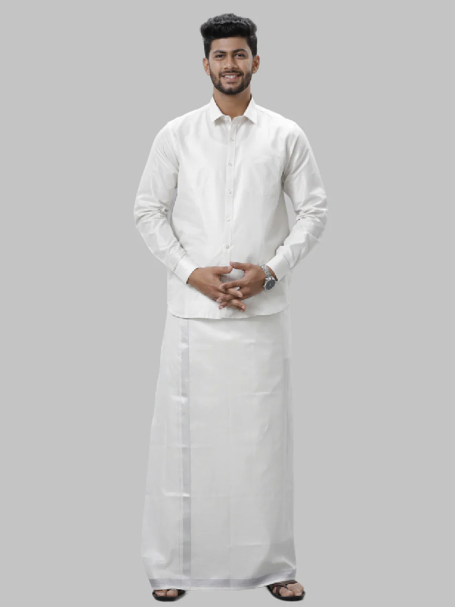 Men Tissue Unstitched Shirting & Dhoti Celebrity Set Silver - Image 9