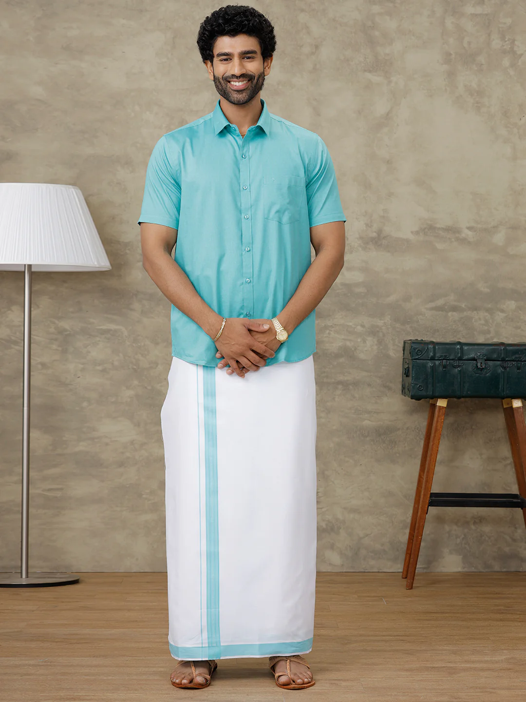 Men Turquoise Blue Shirt With Matching Border Dhoti Set Evolution - Image 2
