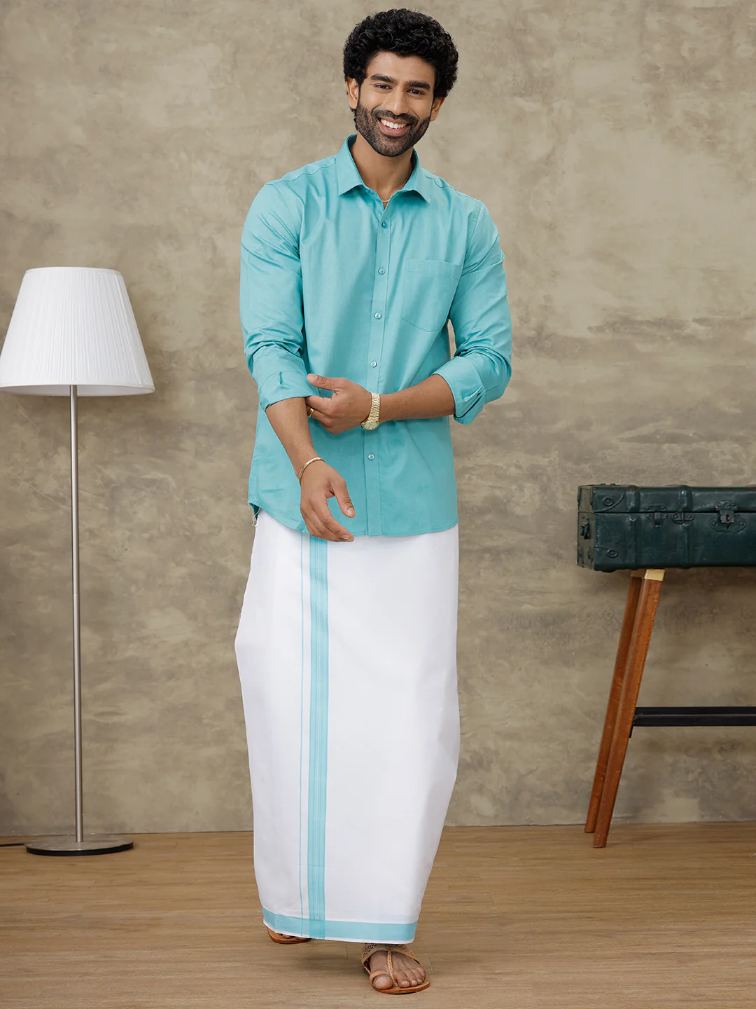 Men Turquoise Blue Shirt With Matching Border Dhoti Set Evolution - Image 3