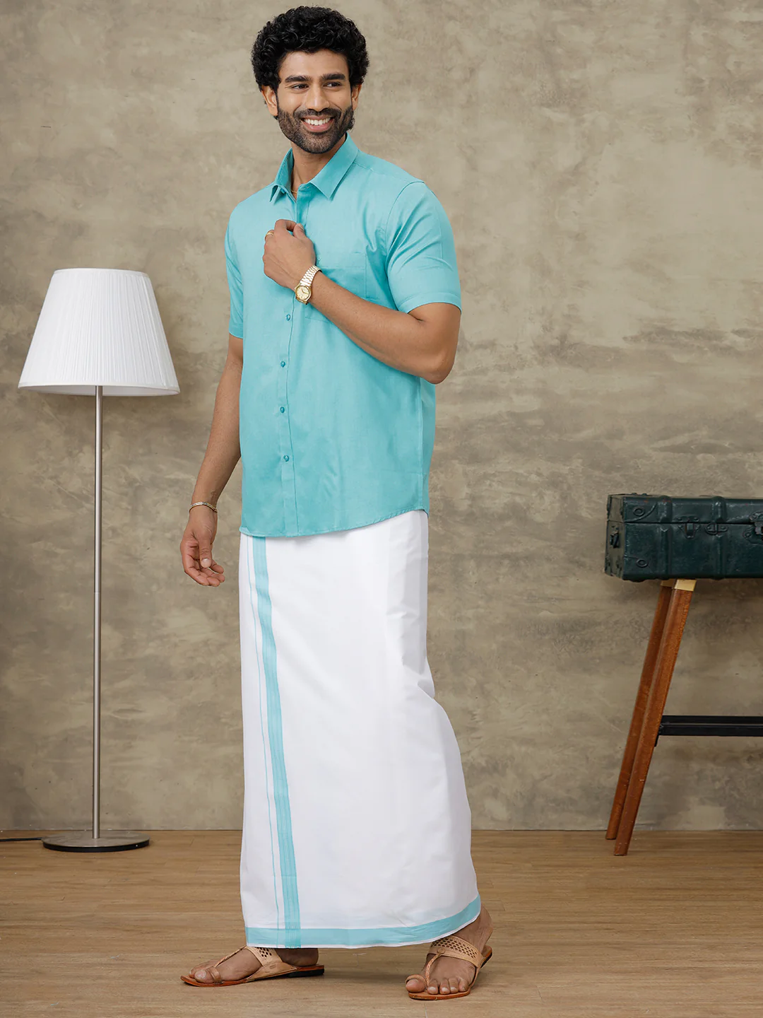 Men Turquoise Blue Shirt With Matching Border Dhoti Set Evolution - Image 4