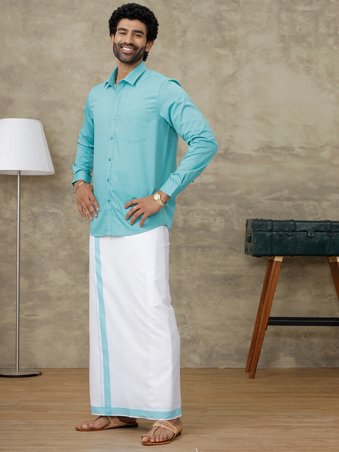 Men Turquoise Blue Shirt With Matching Border Dhoti Set Evolution - Image 5
