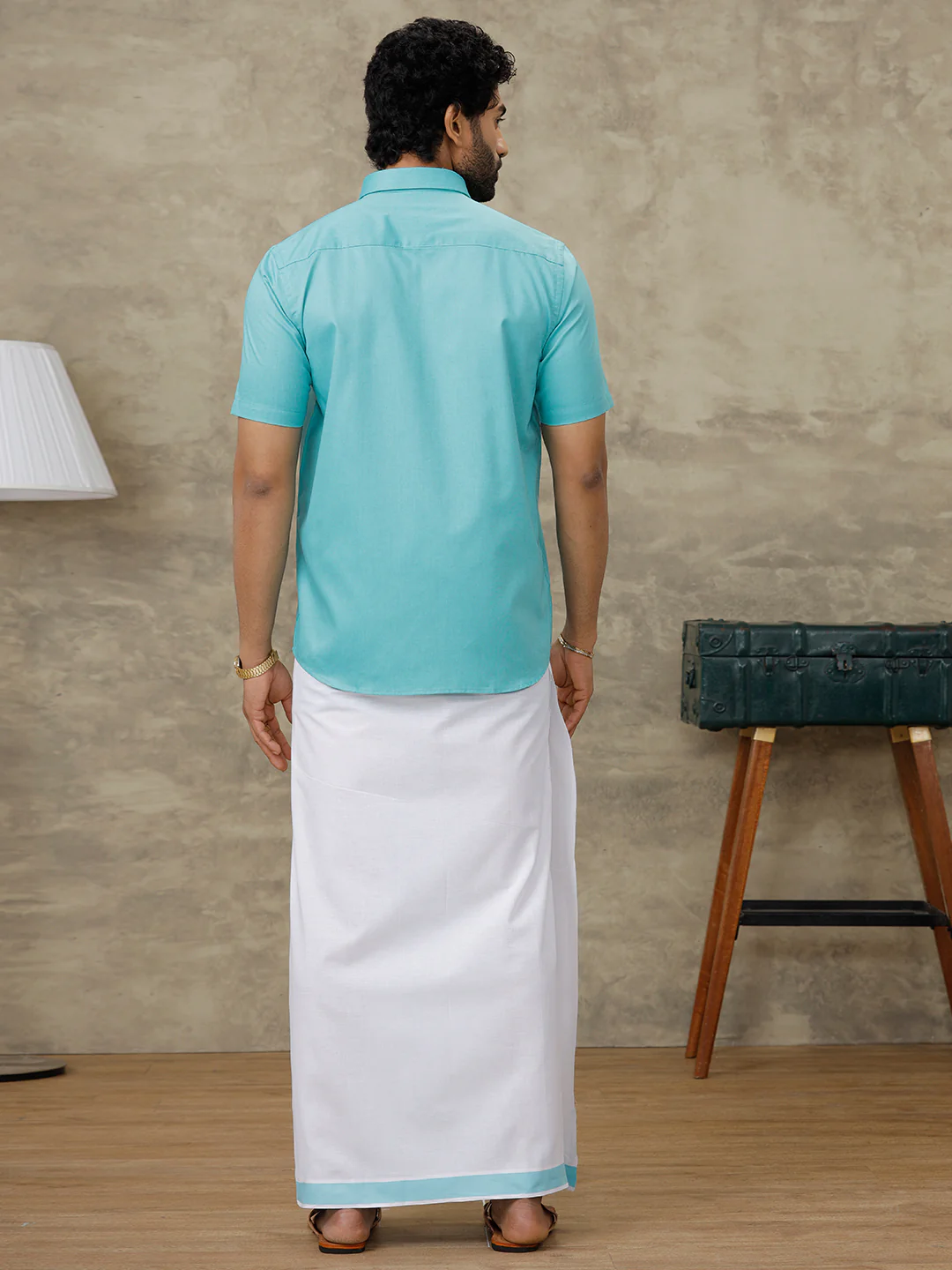 Men Turquoise Blue Shirt With Matching Border Dhoti Set Evolution - Image 7