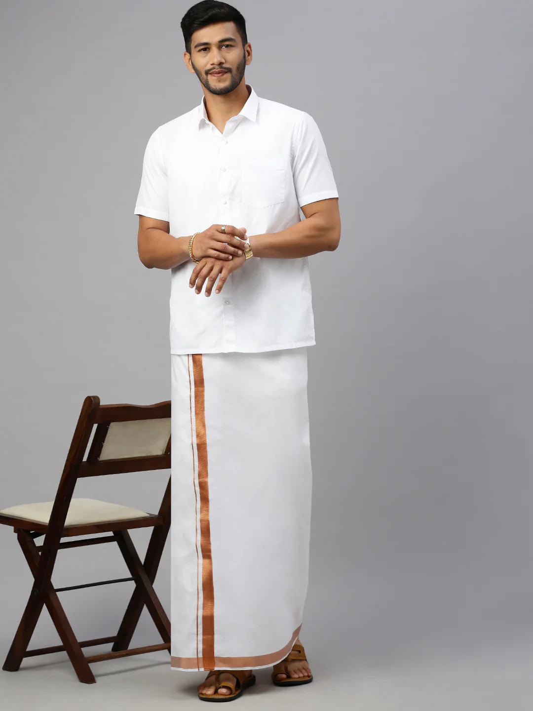 Men White 1 1/2'' Copper Jari Border Double Layer Dhoti Ribhu - Image 2