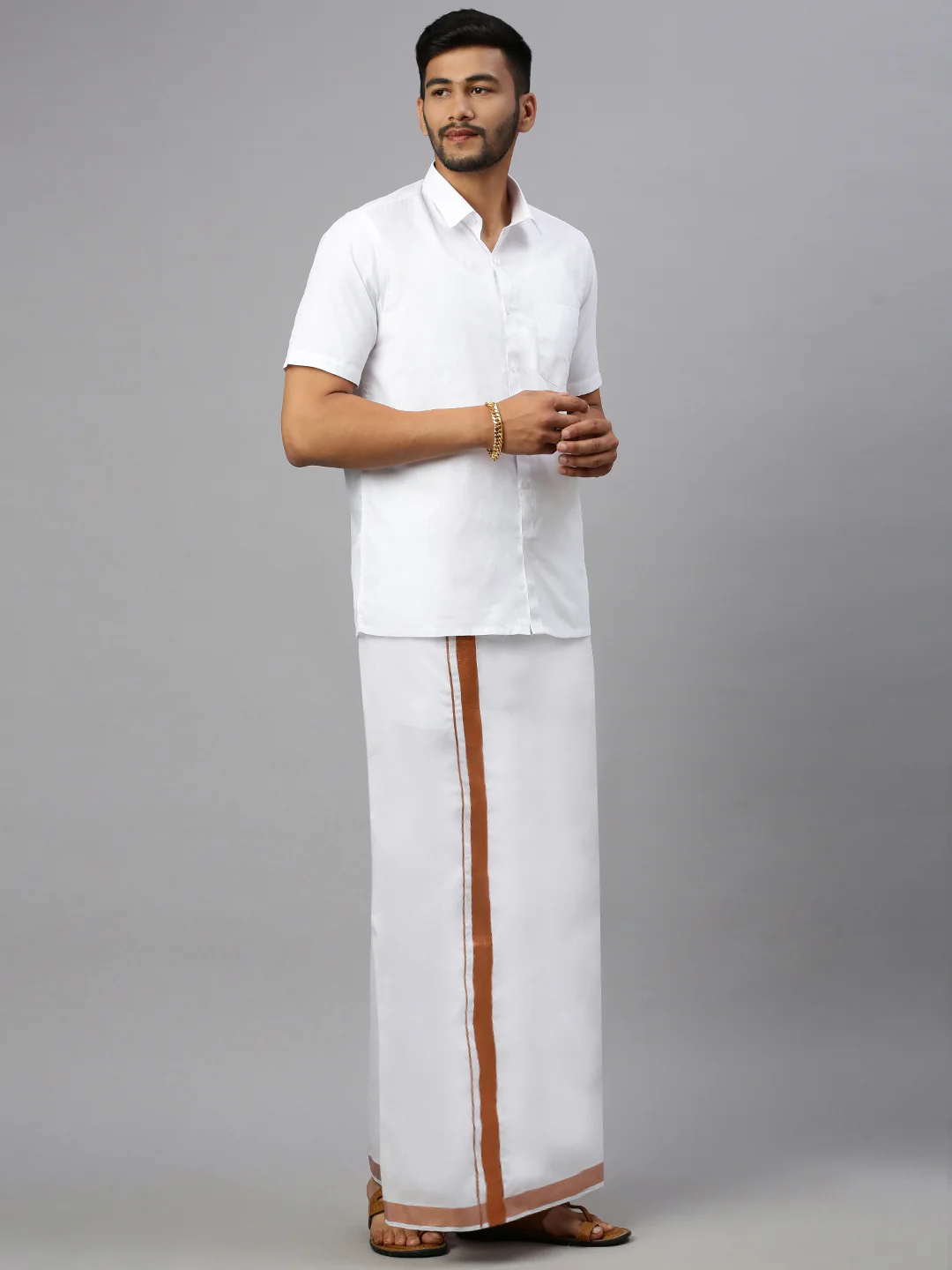 Men White 1 1/2'' Copper Jari Border Double Layer Dhoti Ribhu - Image 4