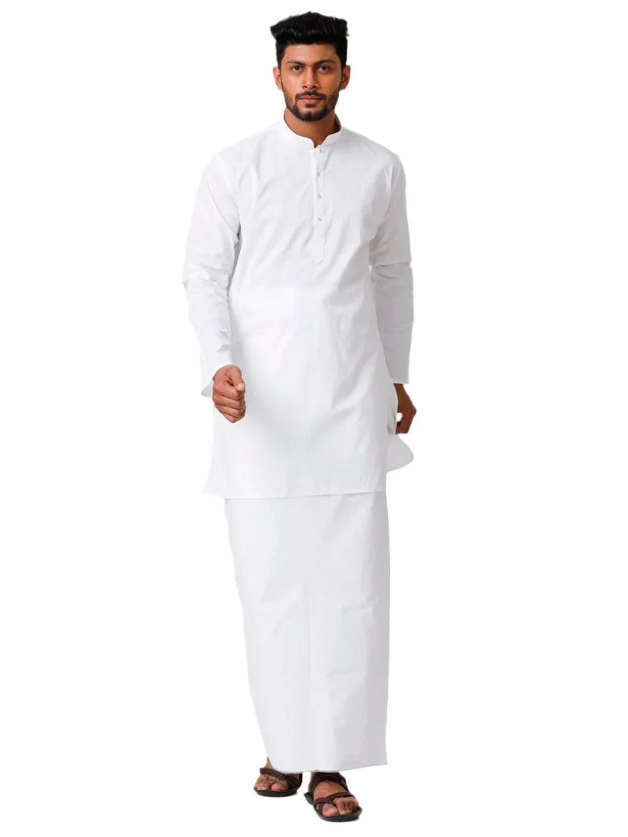 Men White Full Sleeves Medium Length Kurta with Prayer Dhoti Combo