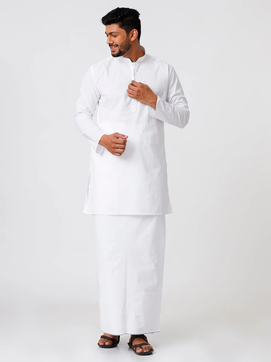 Men White Full Sleeves Medium Length Kurta with Prayer Dhoti Combo - Image 2