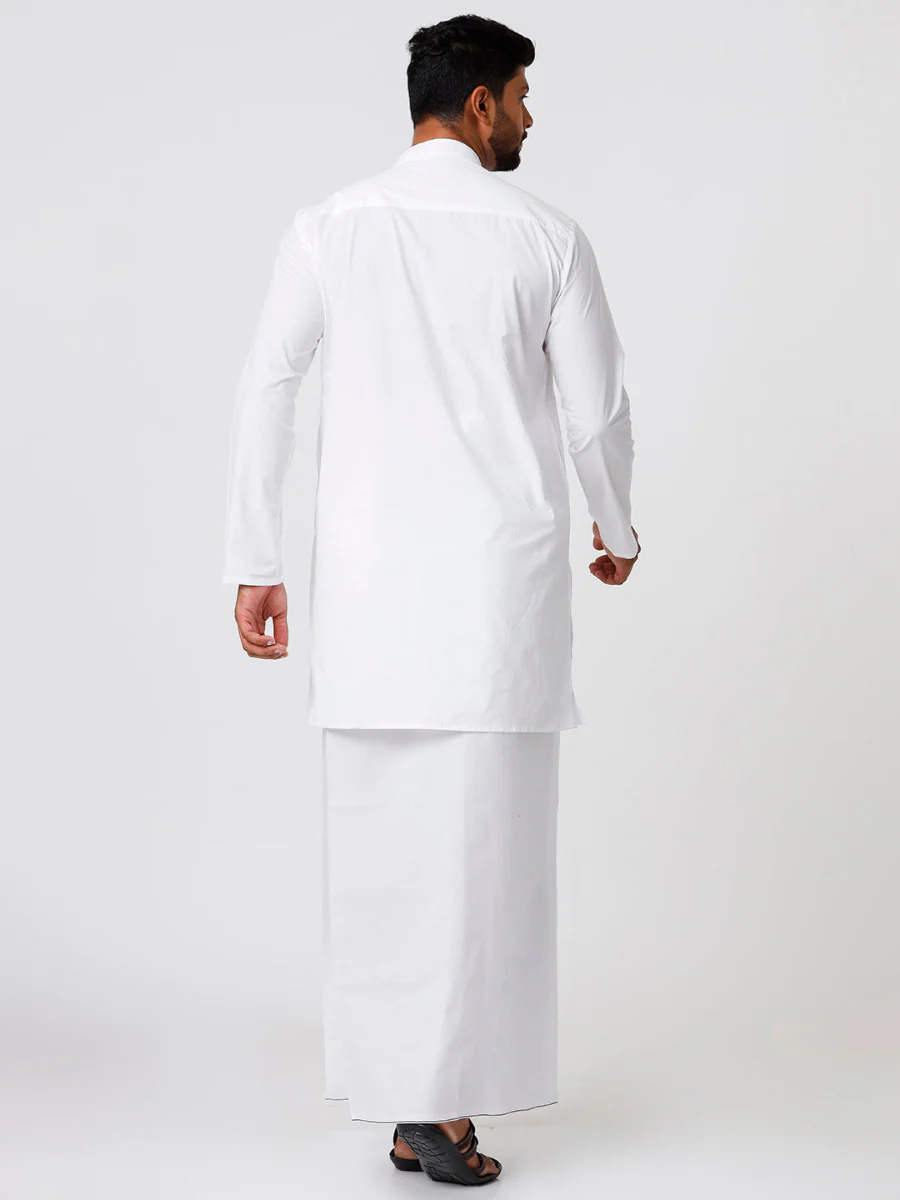 Men White Full Sleeves Medium Length Kurta with Prayer Dhoti Combo - Image 4