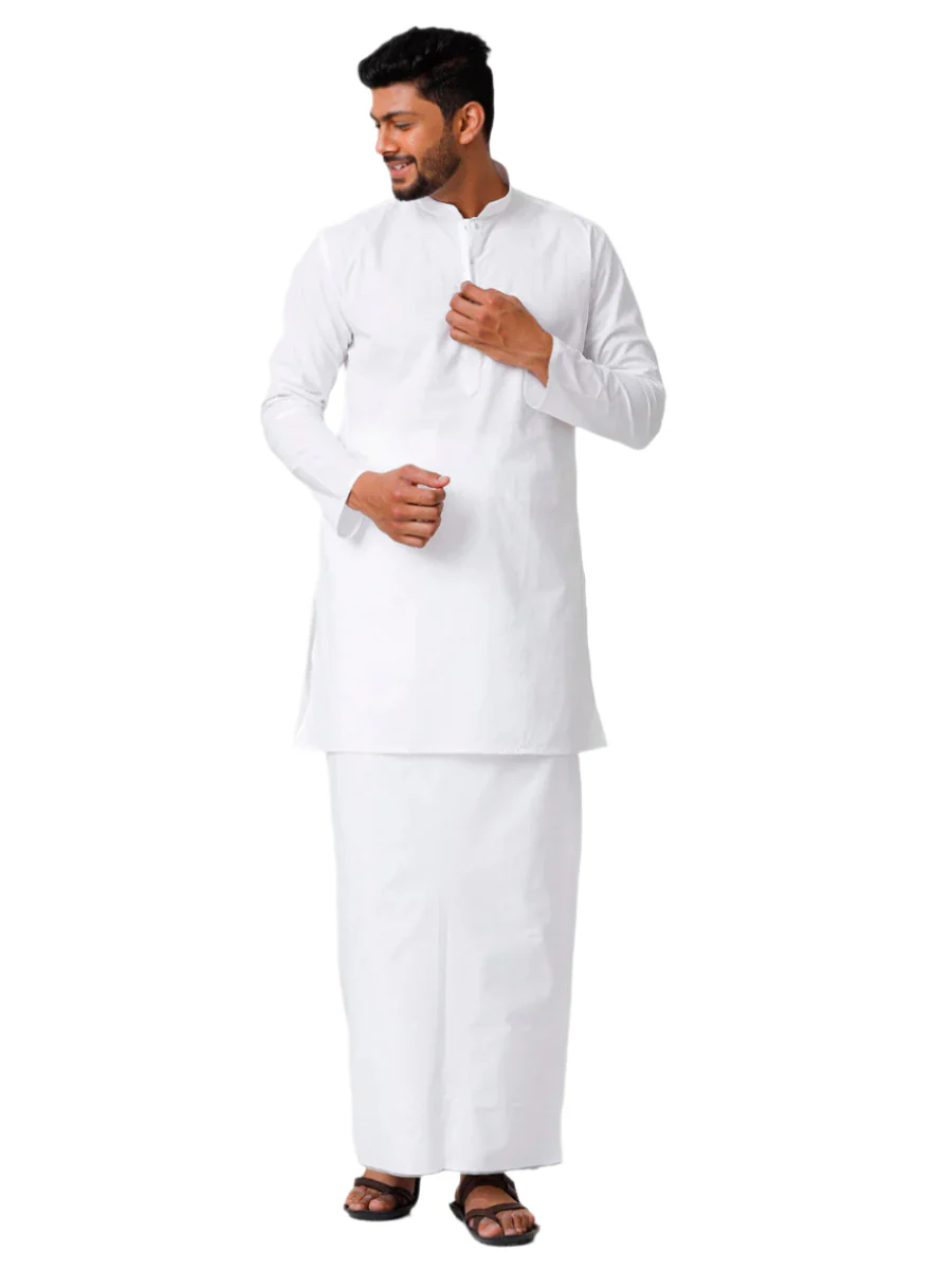 Men White Full Sleeves Medium Length Kurta with Prayer Dhoti Combo Alharam