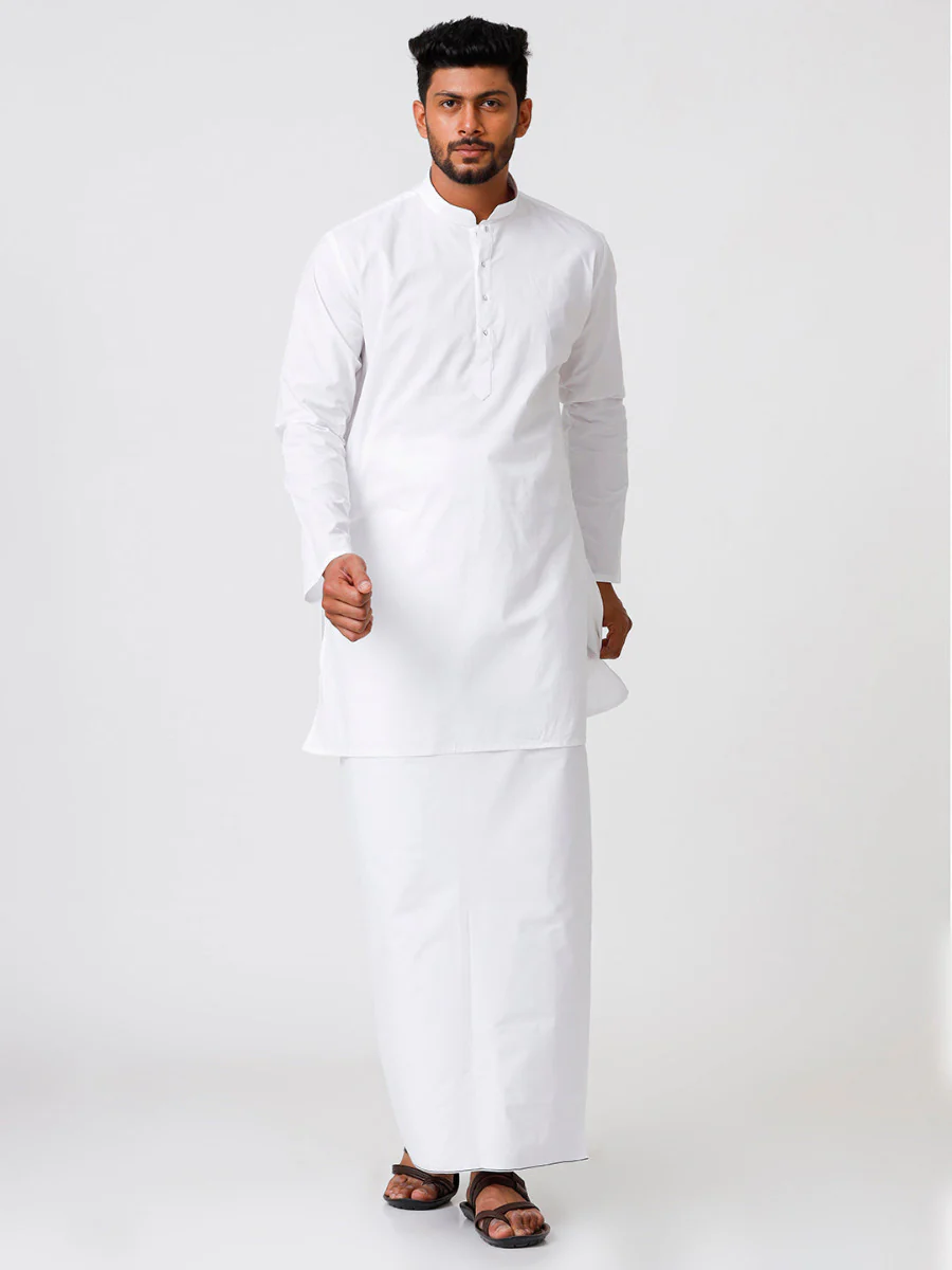 Men White Full Sleeves Medium Length Kurta with Prayer Dhoti Combo Alharam - Image 2