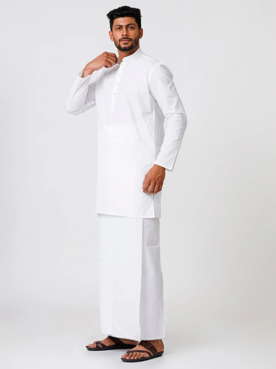 Men White Full Sleeves Medium Length Kurta with Prayer Dhoti Combo Alharam - Image 3