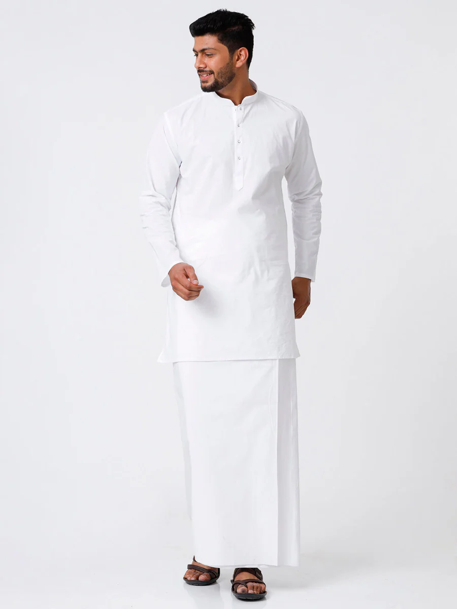 Men White Full Sleeves Medium Length Kurta with Stitched Prayer Dhoti Combo Al Mashoor - Image 2