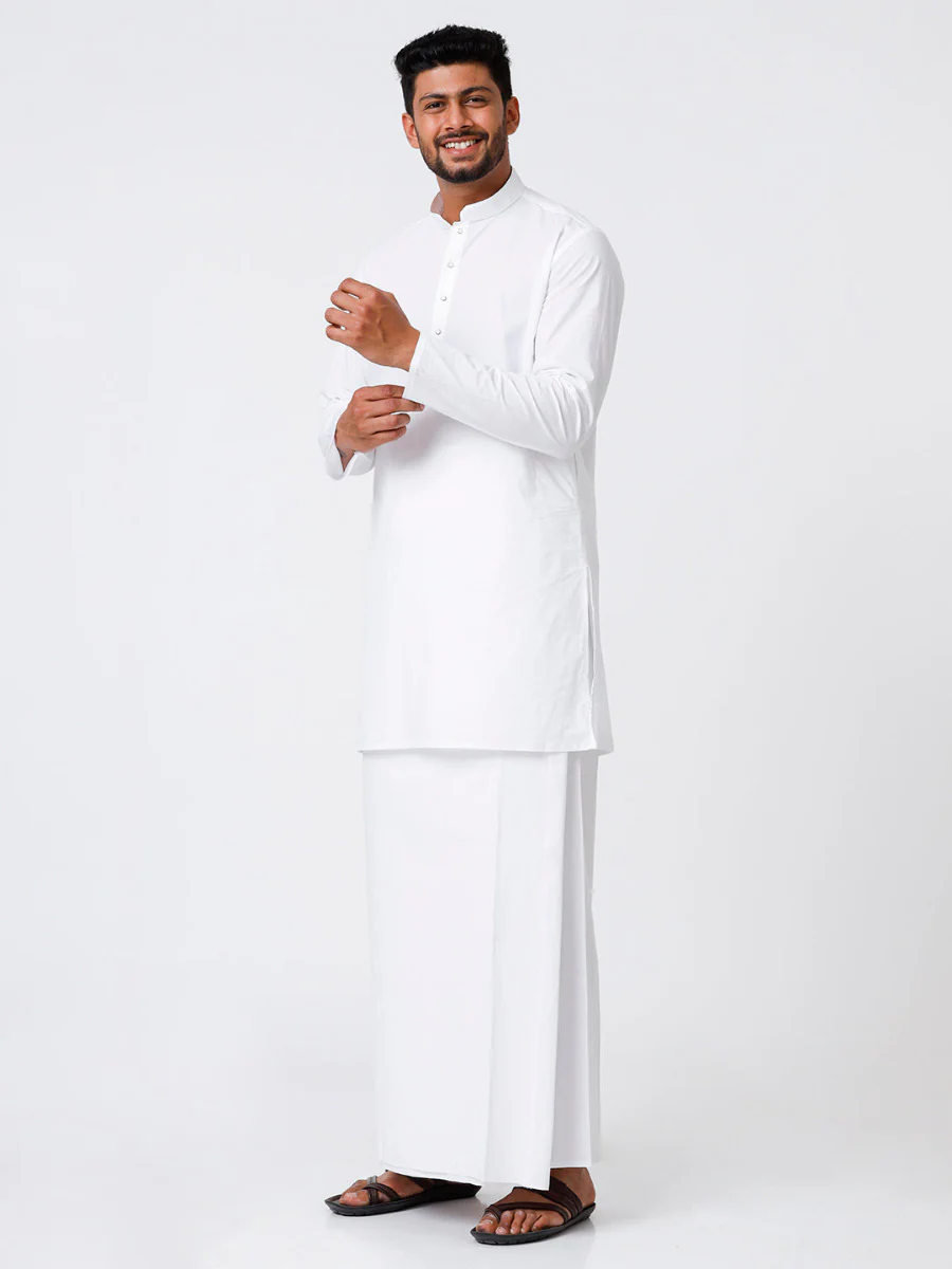 Men White Full Sleeves Medium Length Kurta with Stitched Prayer Dhoti Combo Al Mashoor - Image 3
