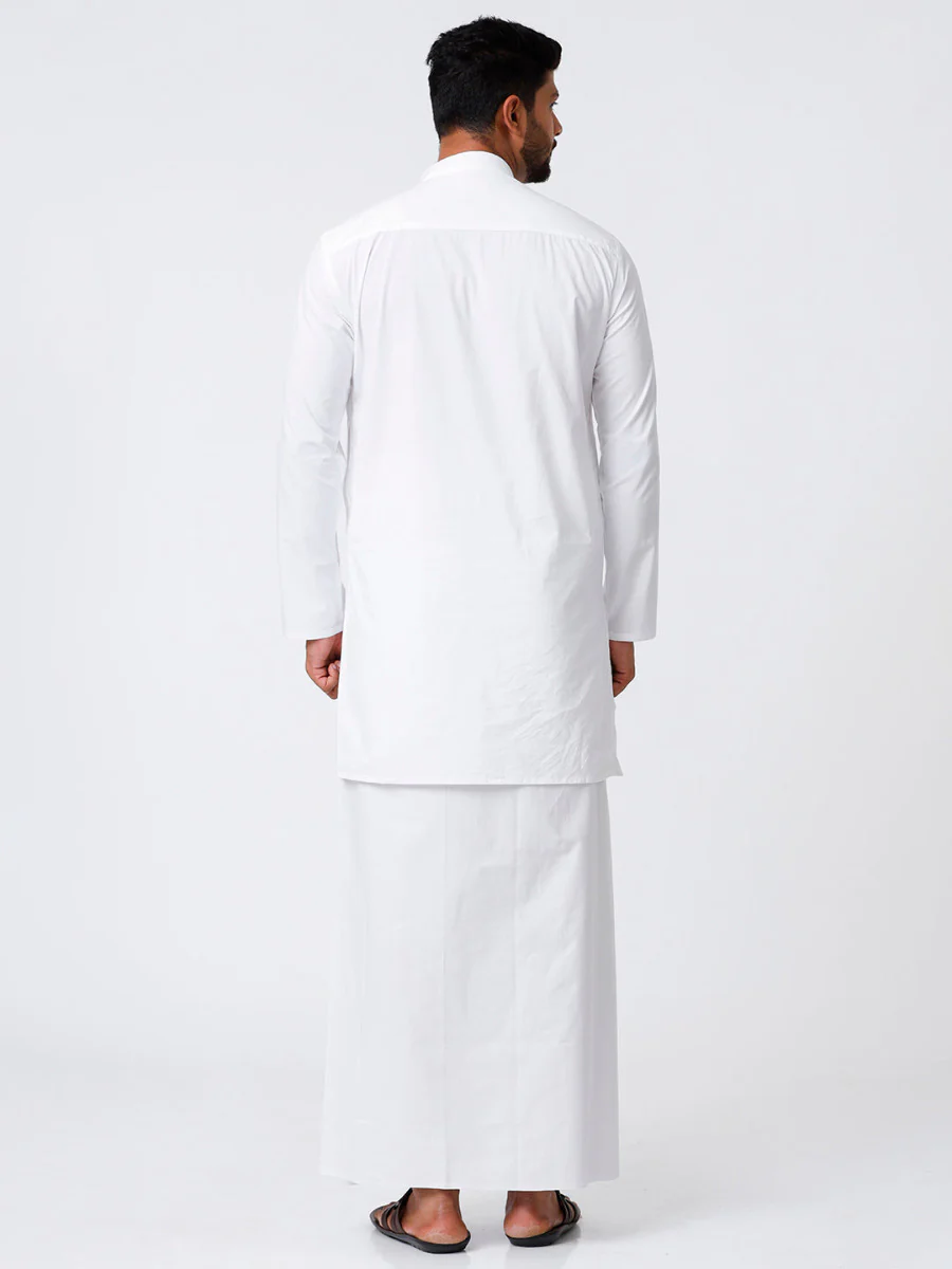Men White Full Sleeves Medium Length Kurta with Stitched Prayer Dhoti Combo Al Mashoor - Image 4