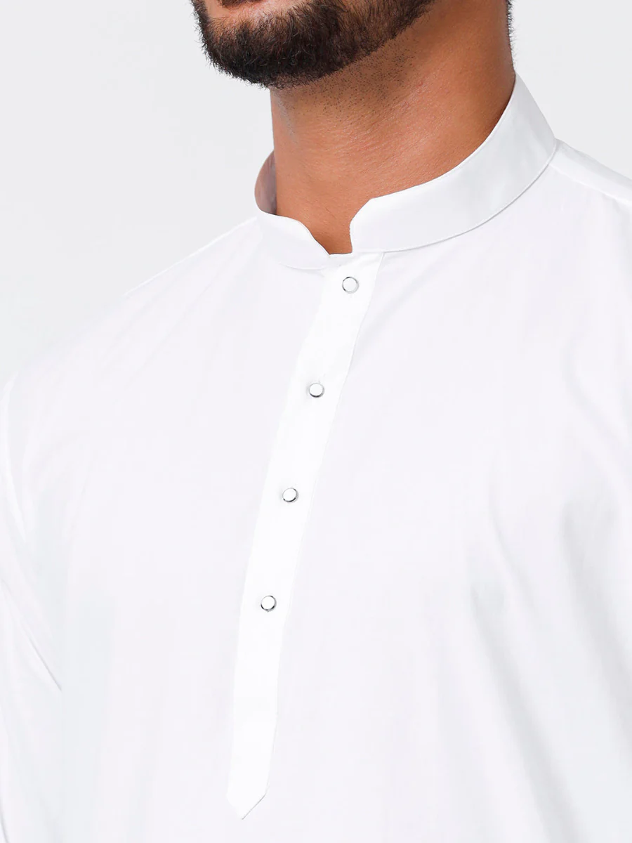 Men White Full Sleeves Medium Length Kurta with Stitched Prayer Dhoti Combo Al Mashoor - Image 5
