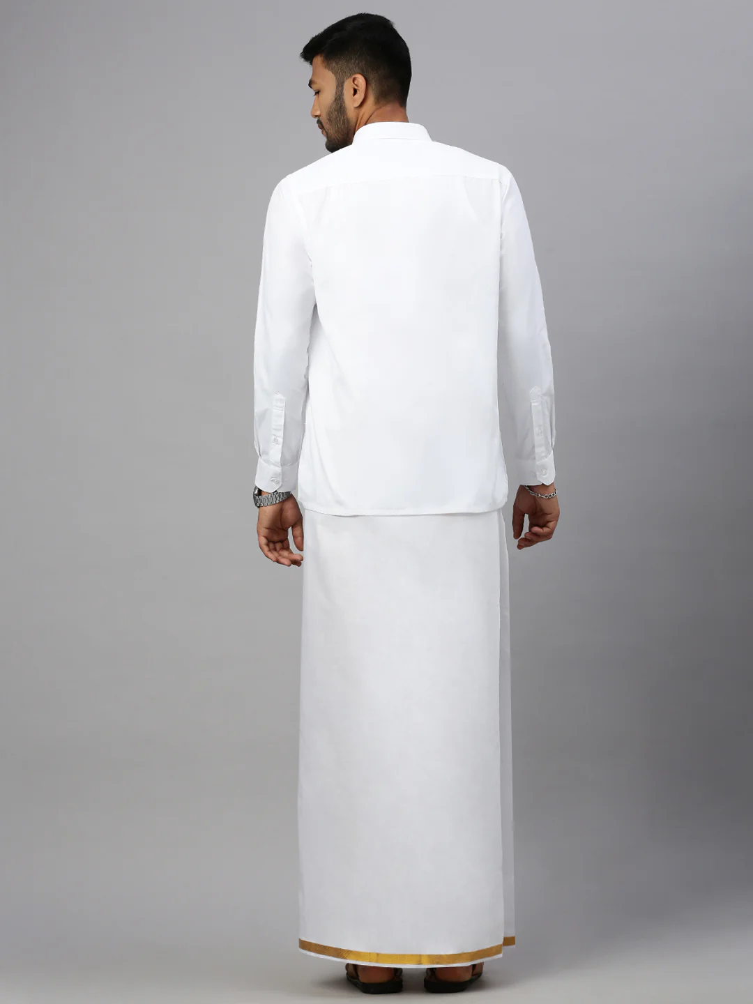 Men White Full Sleeves Shirt with 1/2'' inch Gold Jari Border Single Layer Dhoti Combo - Image 4