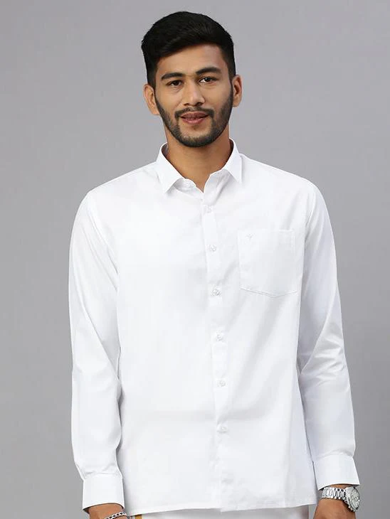 Men White Full Sleeves Shirt with 3/4'' inch Gold Jari Border Double Layer Dhoti Combo - Image 3