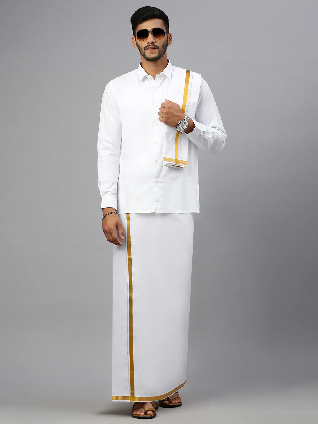 Men White Full Sleeves Shirt with 3/4'' inch Gold Jari Border Double Layer Dhoti & Towel Combo - Image 2