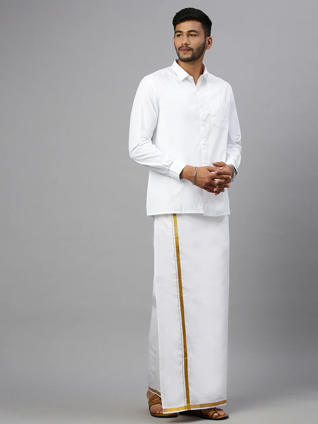 Men White Full Sleeves Shirt with 3/4'' inch Gold Jari Border Single Layer Dhoti Combo - Image 2