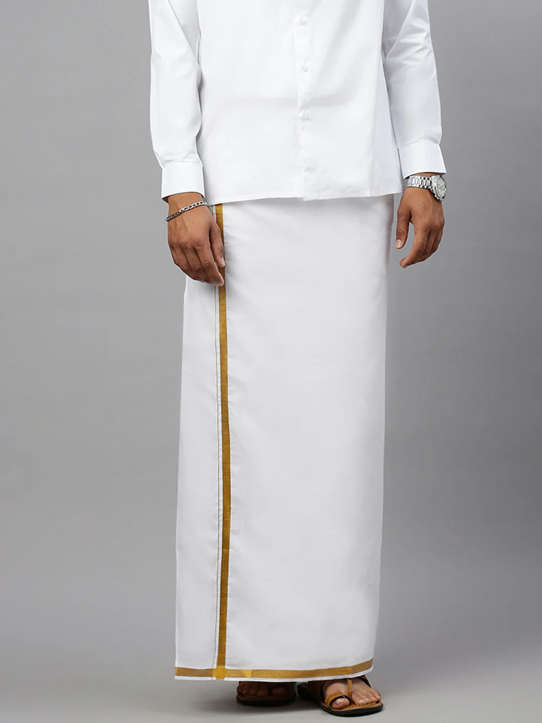 Men White Full Sleeves Shirt with 3/4'' inch Gold Jari Border Single Layer Dhoti Combo - Image 4